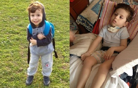 A sinistra, Loris al parco giochi qualche mese prima dell'emorragia. A destra, Loris a casa dopo i sei mesi trascorsi nel centro riabilitativo.